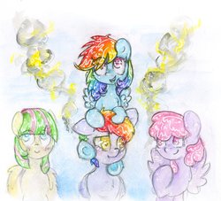 Size: 1600x1452 | Tagged: safe, artist:catseye-view, blossomforth, rainbow blaze, rainbow dash, rainbowshine, equestria games (episode), g4, equestria games, filly, traditional art