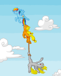 Size: 640x800 | Tagged: safe, artist:rawrienstein, applejack, derpy hooves, rainbow dash, pegasus, pony, g4, cloud, cloudy, derp, female, flying, hanging, i just don't know what went wrong, mare, ms paint, pixel art, rope, tail bite