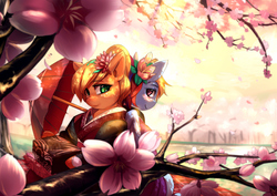 Size: 1980x1400 | Tagged: safe, artist:bakki, applejack, rainbow dash, semi-anthro, g4, bento, blushing, cherry blossoms, commission, japanese, kimono (clothing)