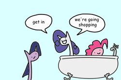 Size: 600x398 | Tagged: safe, artist:wollap, pinkie pie, rarity, twilight sparkle, g4, bathtub, blue background, comic, long neck, necc, shopping, simple background, speech bubble, stylistic suck