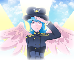 Size: 1832x1473 | Tagged: safe, artist:thegreatrouge, firefly, general firefly, human, g1, g4, testing testing 1-2-3, ancient wonderbolts uniform, female, humanized, salute, solo, winged humanization