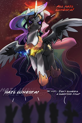 Size: 700x1050 | Tagged: safe, artist:noben, princess celestia, princess luna, oc, alicorn, pony, g4, combine, corrupted, crowd, female, fusion, magic, pills, princess lunesta, role models, slit pupils, stars