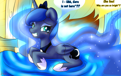 Size: 1280x800 | Tagged: safe, artist:isle-of-forgotten-dreams, princess luna, oc, oc:sera, g4, dialogue, hiding