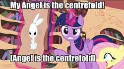 Size: 1280x716 | Tagged: safe, artist:masem, angel bunny, fluttershy, twilight sparkle, g4, my little pony: friendship is magic, testing testing 1-2-3, centerfold, exploitable meme, image macro, meme, pun, rainbow dash's centerfold, song reference, text, the j. geils band, twilight sparkle (alicorn), vector