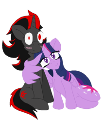 Size: 582x685 | Tagged: safe, artist:thelunarmage, twilight sparkle, alicorn, pony, g4, blushing, female, hug, male, mare, ponified, shadow the hedgehog, shadtwi, simple background, sitting, smiling, sonic the hedgehog, sonic the hedgehog (series), transparent background, twilight sparkle (alicorn), wide eyes, winghug