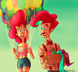 Size: 1280x1185 | Tagged: safe, artist:quinepeather, pinkie pie, human, g4, balloon, bubble berry, female, hat, humanized, male, moustache, party hat, rule 63, self ponidox, selfcest, ship:bubblepie, shipping, straight, suspenders