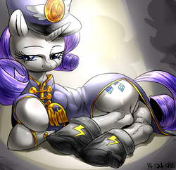 Size: 1000x969 | Tagged: safe, artist:nekubi, rarity, pony, unicorn, g4, testing testing 1-2-3, ancient wonderbolts uniform, bedroom eyes, butt, clothes, female, hat, mare, on side, plot, sgt. rarity, solo, sultry pose, uniform