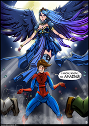 Size: 631x886 | Tagged: safe, artist:kamina1978, princess luna, human, spiders and magic: rise of spider-mane, g4, clothes, crossover, humanized, male, moon, peter parker, spider-man, spiderluna, stockings, thigh highs, winged humanization