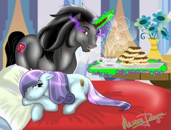 Size: 1022x781 | Tagged: safe, artist:nairondragon, king sombra, sapphire joy, g4, amber leaf, eclair, sombra eyes, sombra's cutie mark, waking up