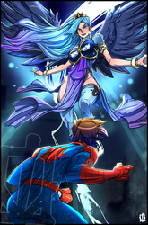 Size: 467x709 | Tagged: safe, artist:kamina1978, princess luna, human, spiders and magic: rise of spider-mane, g4, clothes, crossover, humanized, male, peter parker, spider-man, spiderluna, stockings, thigh highs, winged humanization