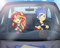 Size: 2947x2384 | Tagged: safe, artist:lucy-tan, flash sentry, sunset shimmer, human, equestria girls, g4, car, driving, duo, female, flash sentry's car, humanized, male, ship:flashimmer, shipping, straight, tsundere, tsunset shimmer