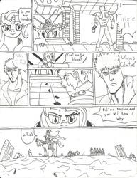 Size: 2550x3300 | Tagged: artist needed, safe, nightmare moon, trixie, alicorn, human, pegasus, pony, unicorn, g4, blood, comic, hokuto no ken, implied murder, kenshiro, male, monochrome, stallion