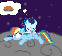 Size: 1024x931 | Tagged: safe, artist:rulette, rainbow dash, soarin', pegasus, pony, g4, dream, fantasy, female, licking, lying, male, mare, pie, ship:soarindash, shipping, sleeping, stallion, straight, that pony sure does love pies, thought bubble