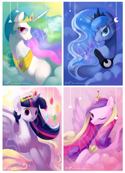 Size: 724x1000 | Tagged: safe, artist:amy30535, princess cadance, princess celestia, princess luna, twilight sparkle, alicorn, pony, g4, alicorn tetrarchy, female, heart, looking at you, mare, moon, sample, sun, twilight sparkle (alicorn)