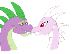Size: 764x565 | Tagged: artist needed, safe, spike, oc, oc:huffy, g4, adult spike, canon x oc, dragoness, fanfic, female, huffy, it takes a village, male, older, older spike, shipping, spikezilla, straight