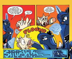 Size: 1400x1143 | Tagged: safe, idw, official comic, kibitz, princess luna, tiberius, g4, spoiler:comic, eyeshadow, female, male, mare, stallion