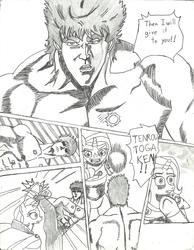 Size: 2550x3283 | Tagged: artist needed, safe, trixie, human, pony, unicorn, g4, comic, female, high res, hokuto no ken, kenshiro, male, mare, monochrome