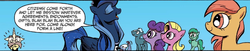 Size: 1400x287 | Tagged: safe, idw, official comic, kibitz, princess luna, tiberius, alicorn, pony, unicorn, g4, spoiler:comic, eyeshadow, female, horn, male, mare, panel, stallion, unnamed character, unnamed pony