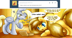 Size: 990x528 | Tagged: safe, artist:isle-of-forgotten-dreams, derpy hooves, oc, oc:sera, pegasus, pony, g4, ask, eating, female, mare, tumblr