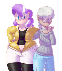 Size: 1120x1274 | Tagged: safe, artist:secretgoombaman12345, diamond tiara, silver spoon, human, ask chubby diamond, g4, belly button, butt to butt, butt touch, chubby, fat, glasses, humanized, plump