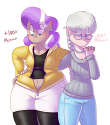 Size: 1120x1274 | Tagged: safe, artist:secretgoombaman12345, diamond tiara, silver spoon, human, ask chubby diamond, g4, belly button, chubby, fat, glasses, humanized, palette swap