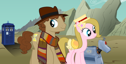Size: 1022x522 | Tagged: safe, artist:fedora, doctor whooves, time turner, earth pony, pony, g4, clothes, doctor who, fedora, fourth doctor, hat, i can't believe it's not hasbro studios, k-9, ponified, quarry, romana, scarf, tardis, the doctor