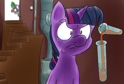 Size: 1500x1025 | Tagged: safe, artist:coffeebanana, spike, twilight sparkle, g4, duo, science, test tube