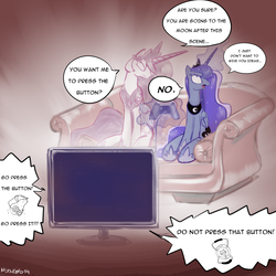 Size: 3000x3000 | Tagged: dead source, safe, artist:nadvgia, princess celestia, princess luna, alicorn, pony, robot, princess molestia, two best sisters play, g4, bedroom eyes, controller, couch, food, gaming, glados, glowing, glowing horn, high res, horn, magic, portal (valve), portal 2, potato, telekinesis, television, wheatley
