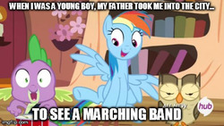 Size: 480x270 | Tagged: safe, edit, edited screencap, screencap, owlowiscious, rainbow dash, spike, g4, testing testing 1-2-3, hub logo, image macro, meme, my chemical romance, song reference, stooldash, the black parade, welcome to the black parade