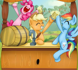 Size: 1100x1000 | Tagged: safe, artist:maggymss, applejack, pinkie pie, rainbow dash, g4, barrel, cider, drink, flying, stall, sweet apple acres