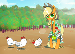 Size: 3300x2400 | Tagged: dead source, safe, artist:yuji8sushi, applejack, chicken, earth pony, semi-anthro, g4, animal, bipedal, clothes, cute, dress, feeding, female, high res, jackabetes, solo, working