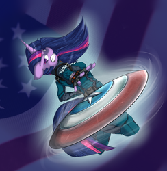 Size: 4404x4518 | Tagged: safe, artist:vicse, twilight sparkle, anthro, g4, absurd resolution, action pose, captain america, clothes, female, marvel, parody, shield, solo