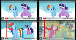 Size: 1318x694 | Tagged: safe, applejack, fluttershy, pinkie pie, rainbow dash, rarity, twilight sparkle, alicorn, pony, g4, my little pony: friendship is magic, testing testing 1-2-3, comparison, female, mane six, mare, timing, twilight sparkle (alicorn)