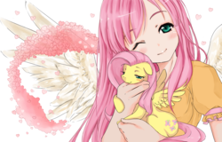 Size: 1247x800 | Tagged: safe, artist:d-tomoyo, fluttershy, human, pony, g4, anime, cute, human ponidox, humanized, shyabetes, weapons-grade cute, winged humanization