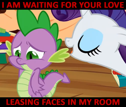 Size: 671x572 | Tagged: safe, edit, edited screencap, screencap, rarity, spike, g4, caption, female, image macro, los pericos, male, meme, music, ship:sparity, shipping, song reference, straight, wating for your love