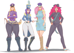 Size: 1280x908 | Tagged: safe, artist:sundown, applejack, fluttershy, pinkie pie, rarity, human, g4, testing testing 1-2-3, ancient wonderbolts uniform, applebucking thighs, boots, clothes, epaulettes, facial hair, fake moustache, hat, high heel boots, horn, horned humanization, humanized, line-up, moustache, saber, sgt. rarity, shako, shoes, sword, uniform, weapon, wide hips, winged humanization