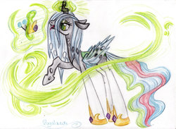 Size: 3377x2474 | Tagged: safe, artist:julunis14, princess celestia, queen chrysalis, changeling, changeling queen, g4, character to character, female, high res, solo, traditional art, transformation