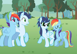 Size: 1024x714 | Tagged: safe, artist:1231redflame, rainbow dash, soarin', g4, eyes closed, female, glide, male, nudge, nudging, open mouth, rainbow blitz, raised eyebrow, raised hoof, rule 63, ship:soarindash, shipping, smiling, spread wings, straight