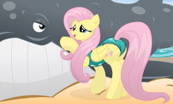 Size: 18000x10800 | Tagged: safe, artist:xniclord789x, fluttershy, pegasus, pony, whale, g4, absurd resolution, beach, butt, clothes, folded wings, one-piece swimsuit, plot, swimsuit, wings