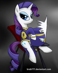 Size: 802x996 | Tagged: safe, artist:brab777, rarity, pony, unicorn, g4, testing testing 1-2-3, ancient wonderbolts uniform, aside glance, chair, clothes, female, gray background, hat, mare, sgt. rarity, shako, simple background, sitting, solo, uniform
