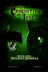 Size: 1280x1920 | Tagged: safe, artist:zoarvek, queen chrysalis, twilight sparkle, changeling, changeling queen, pony, comic:the conquering of love, fanfic:the conquering of love, g4, cover art, fanfic art, female