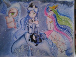 Size: 1600x1200 | Tagged: safe, artist:nozomifujimiya, nightmare moon, princess celestia, princess luna, human, g4, horn, horned humanization, humanized, traditional art