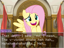 Size: 800x600 | Tagged: safe, fluttershy, g4, ace attorney, courtroom, crossover, dialogue, female, phoenix wright, reference, solo, witness