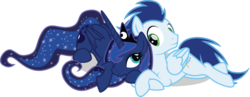 Size: 6135x2390 | Tagged: safe, artist:benybing, princess luna, soarin', alicorn, pegasus, pony, g4, cuddling, duo, eye contact, female, male, prone, shipping, simple background, smiling, snuggling, soaruna, straight, transparent background, vector