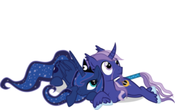 Size: 1024x646 | Tagged: safe, artist:benybing, princess luna, oc, oc:azure night, alicorn, pony, unicorn, g4, azuna, canon x oc, cutie mark, horn, shipping, show accurate, unicorn oc, vector, wings