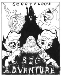 Size: 813x1000 | Tagged: safe, artist:abronyaccount, princess luna, queen chrysalis, scootaloo, human, pegasus, pony, equestria girls, g4, clothes, egg, female, filly, human ponidox, lineart, monochrome, square crossover