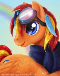 Size: 500x625 | Tagged: safe, artist:paintedhoofprints, oc, oc only, oc:tech talk, clothes, feather, goggles, portrait, scarf, solo