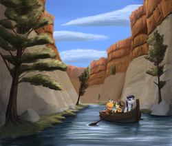 Size: 1517x1288 | Tagged: safe, artist:bakuel, braeburn, little strongheart, maud pie, bison, buffalo, earth pony, pony, g4, boat, canyon, pine tree, river, scenery, tree