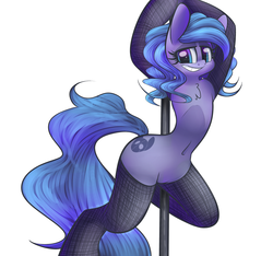 Size: 1065x996 | Tagged: safe, artist:extradan, oc, oc only, oc:toy maker, pony, semi-anthro, belly button, chest fluff, female, fishnet stockings, grin, pole, solo, stripper pole