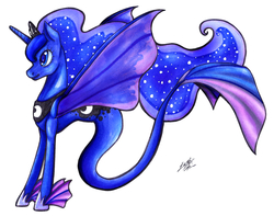 Size: 2200x1730 | Tagged: safe, artist:mickeym0o, princess luna, hippocampus, merpony, g4, blue eyes, blue mane, blue tail, crown, ethereal mane, female, fin wings, fins, fish tail, flowing mane, flowing tail, hoof shoes, horn, jewelry, mare, peytral, princess shoes, race swap, regalia, seaponified, seapony luna, signature, simple background, solo, species swap, swimming, tail, traditional art, white background, wings